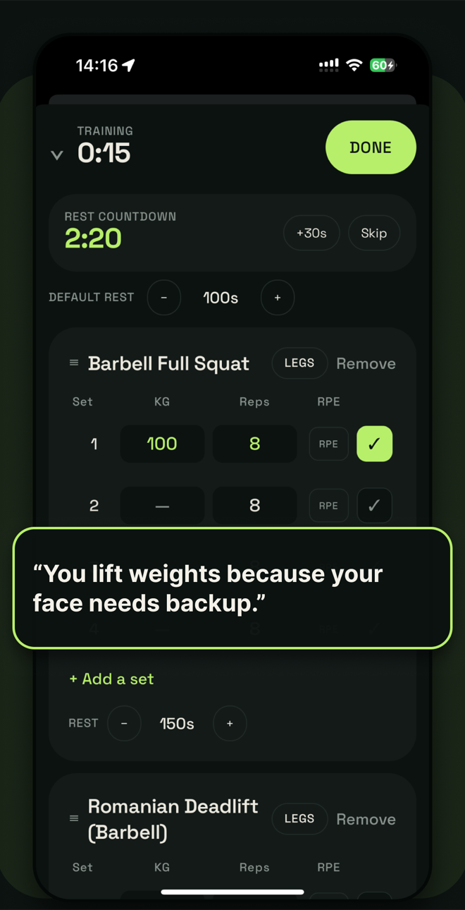 GymRoast 訓練中畫面:組間倒數與嘴賤語錄